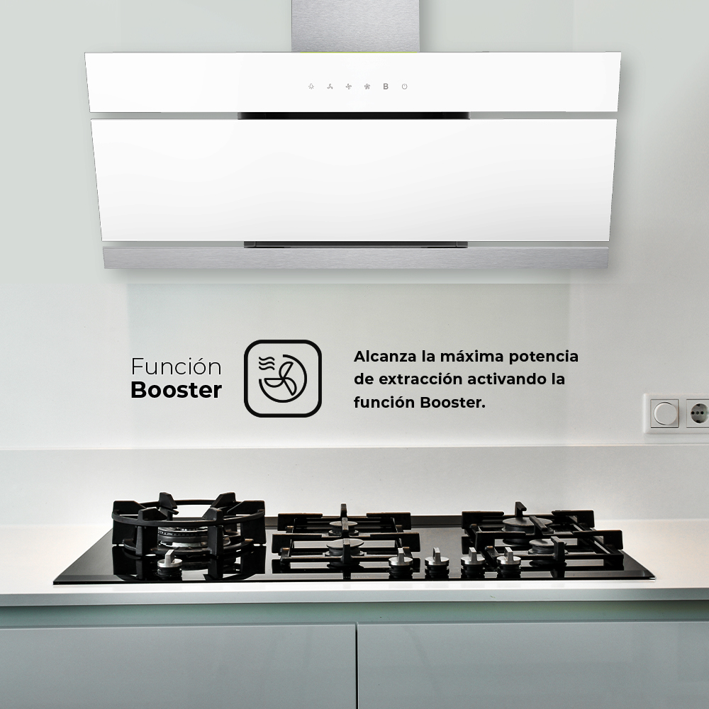 Campana Inclinada Svan A+ 114cm 89,7cm 40,3cm Cristal blanco Táctil LED 600m3/h 60dB Booster - Imagen 5