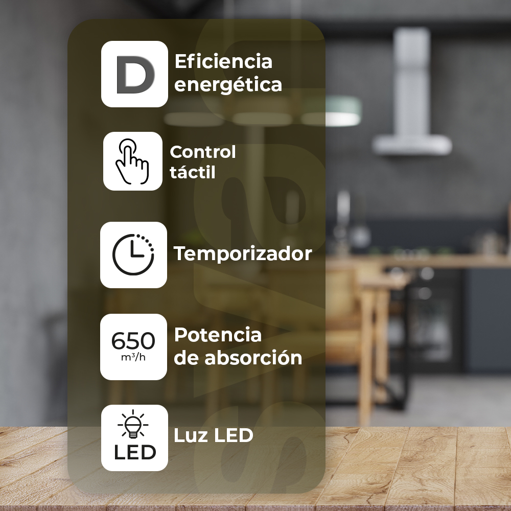 Campana Tipo T Svan D 86,5cm 90cm 50cm Inox Táctil LED 650m3/h 64dB - Imagen 5