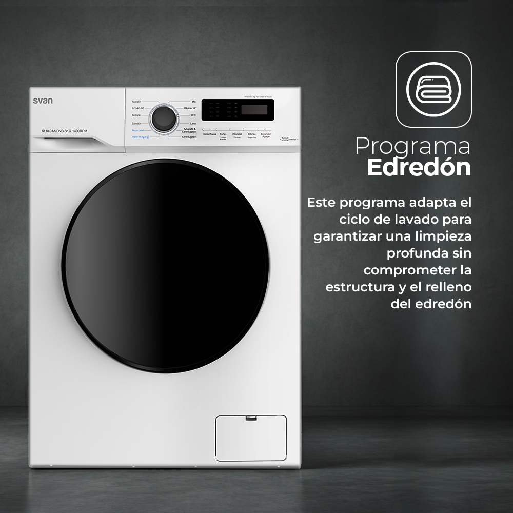 Lavadora Svan 8kg 1400rpm A 85cm 59,5cm 51cm Blanco Display Inverter Vapor Mi Ciclo Puerta XXL – Image 8