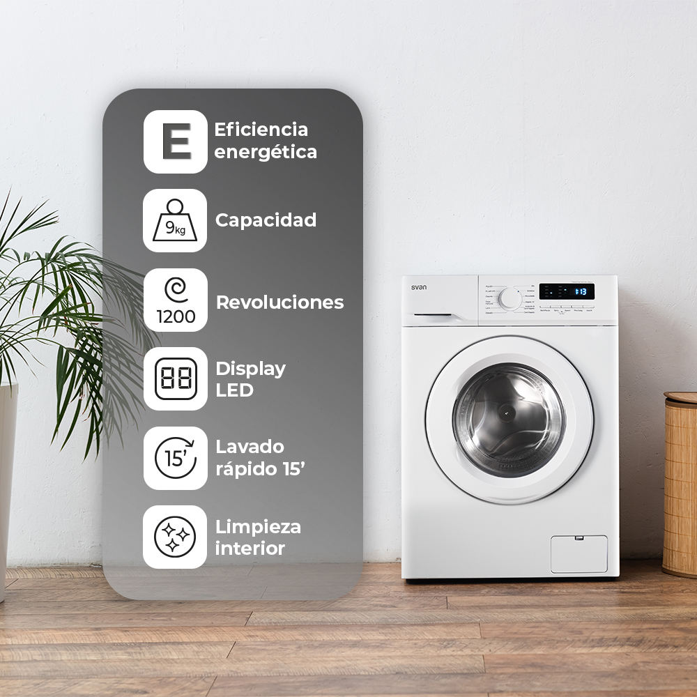 Lavadora Svan 9kg 1200rpm E 85cm 59,5cm 60cm Blanco Display C.Boomerang - immagine 7