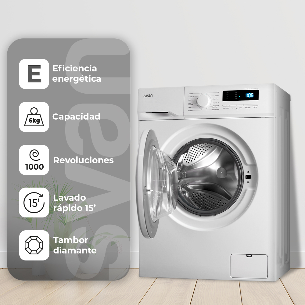 Lavadora Svan 6kg 1000rpm E 85cm 59,5cm 44cm Blanco Display T.Diamante – Image 8
