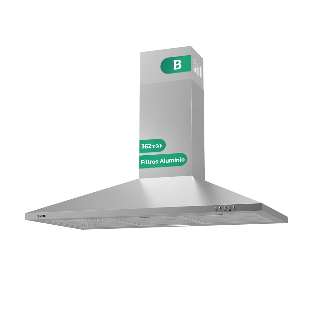 Cappa piramidale Svan, Classe B Dimensioni: 96cm 90cm 46,5cm. Colore: acciaio inox, Controllo manuale Potenza di aspirazione 361,9 m3/h, 55~65 dB.