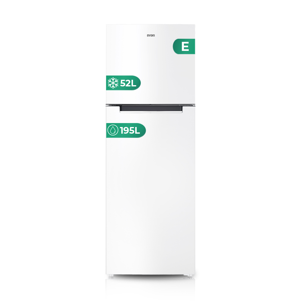 Réfrigérateur 2 portes Svan, No Frost. Classe E. Dimensions : 167cm 54,5cm 56cm. Couleur : Blanc, Commande manuelle. Moteur Inverter.