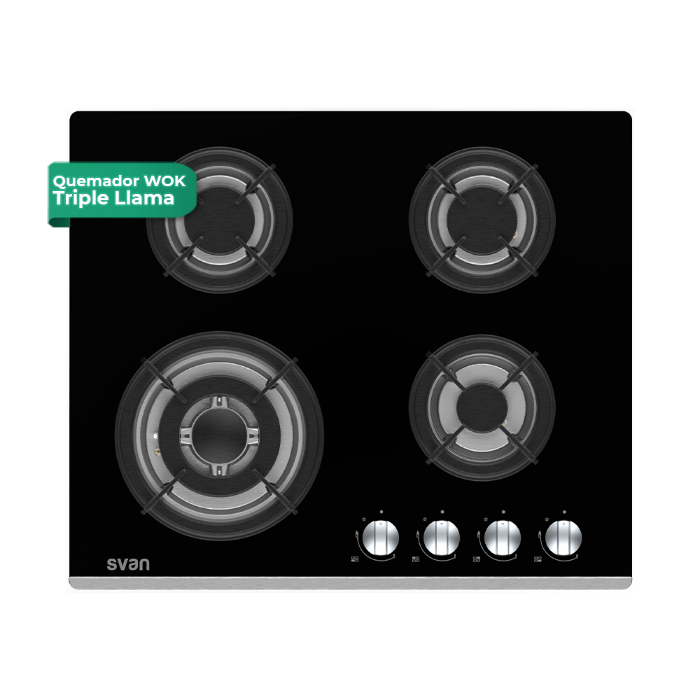 Placa Gas Butano Svan 7800W 9cm 60cm 51cm Cristal negro Manual Auto Ig. 4Q Wok Kit Gas Forja