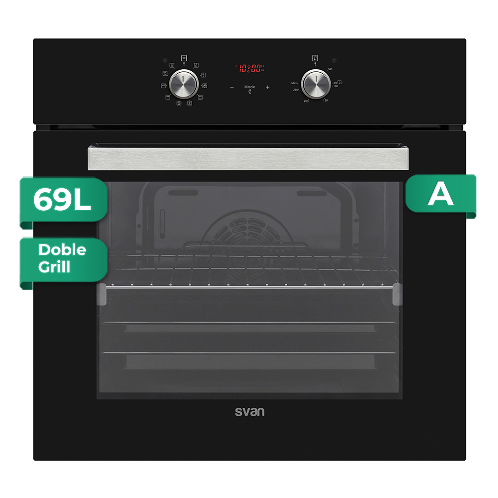 Forno multifunzione Svan 69L A 59,5cm 59,5cm 57,5cm 57,5cm Vetro nero Display touch 10P G.Telescopico