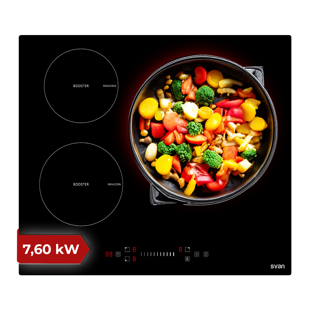 Placa Inducción Svan 7600W 5,8cm 59cm 52cm Cristal negro Slider 3Z ø32cm Doble Corona Booster