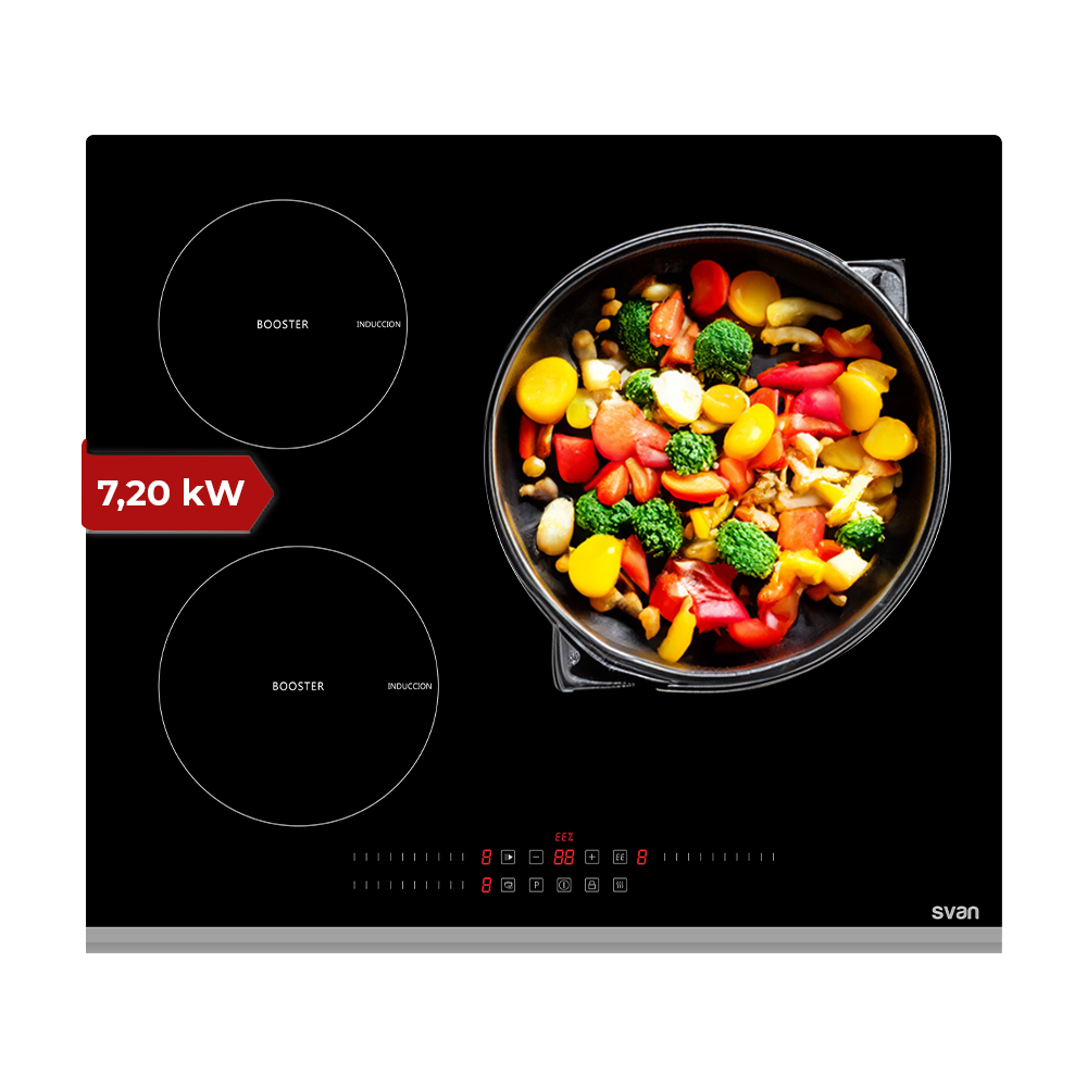 Placa Inducción Svan 7200W 5,8cm 52cm 59cm Cristal negro Slider 3Z Doble Corona Keep warm Booster