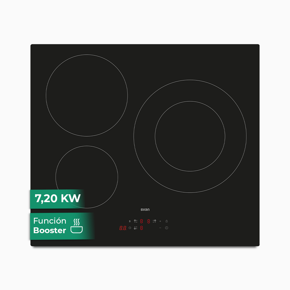 Placa Inducción Svan 7200W 6,2cm 59cm 52cm Cristal negro Táctil 3Z Doble Corona Booster