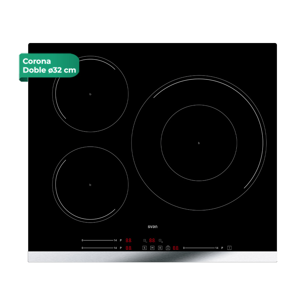 Placa Inducción Svan 7400W 6cm 59cm 52cm Cristal negro Slider 3Z Doble Corona ∅ 32cm Booster Stop&Go