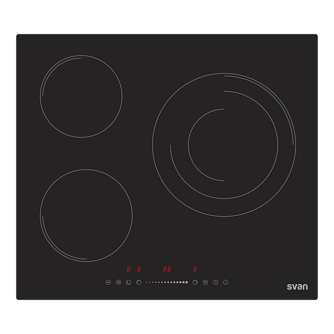 Placa de Inducción Svan 60 cm 3 zonas con Cristal negro Slider táctil Keep warm Stop&Go