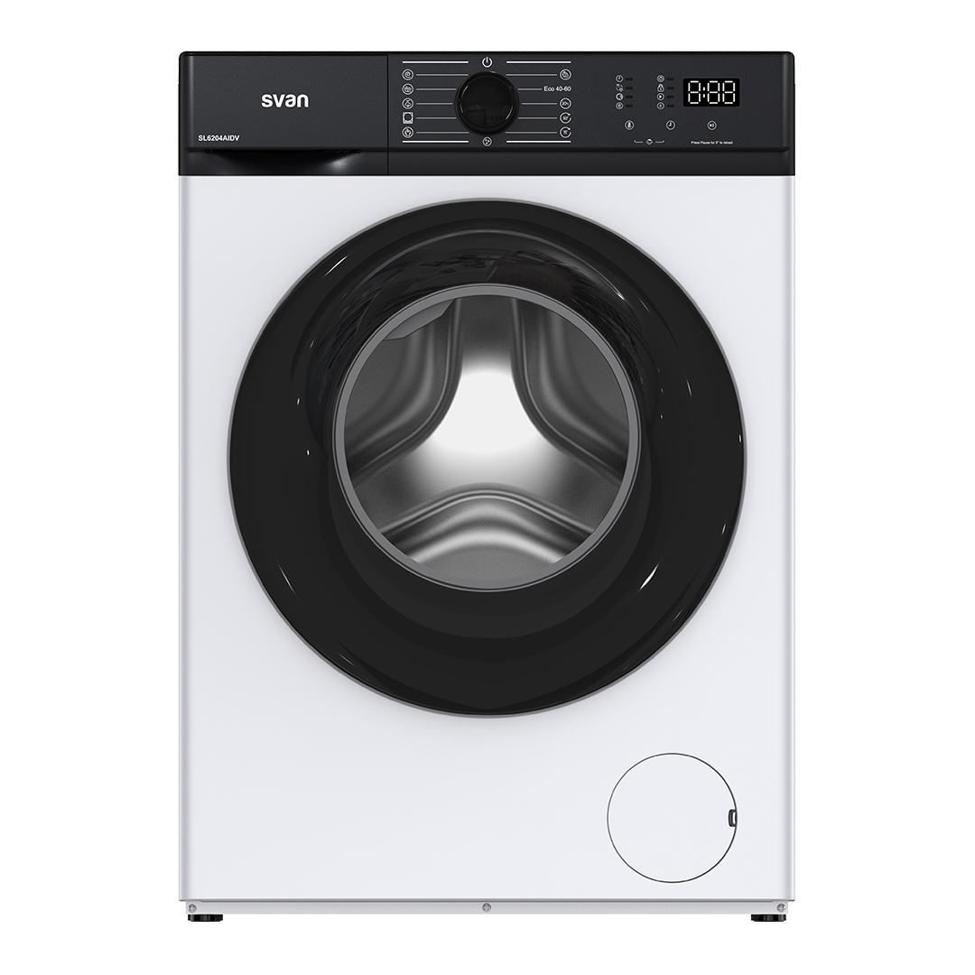 Lavadora Svan,Capacidad 6kg 1200rpm, Clase A. Dimensiones: 84,5cm 59,8cm 40,5cm. Color Blanco, Control con Display. Motor Inverter. Programas: Vapor.