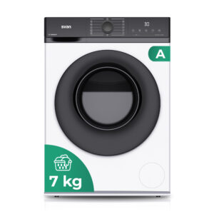 Lavadora Svan,Capacidad 7kg 1200rpm, Clase A. Dimensiones: 84,5cm 59,8cm 42,3cm. Color Blanco, Control con Display. Motor Inverter. Programas: Vapor.