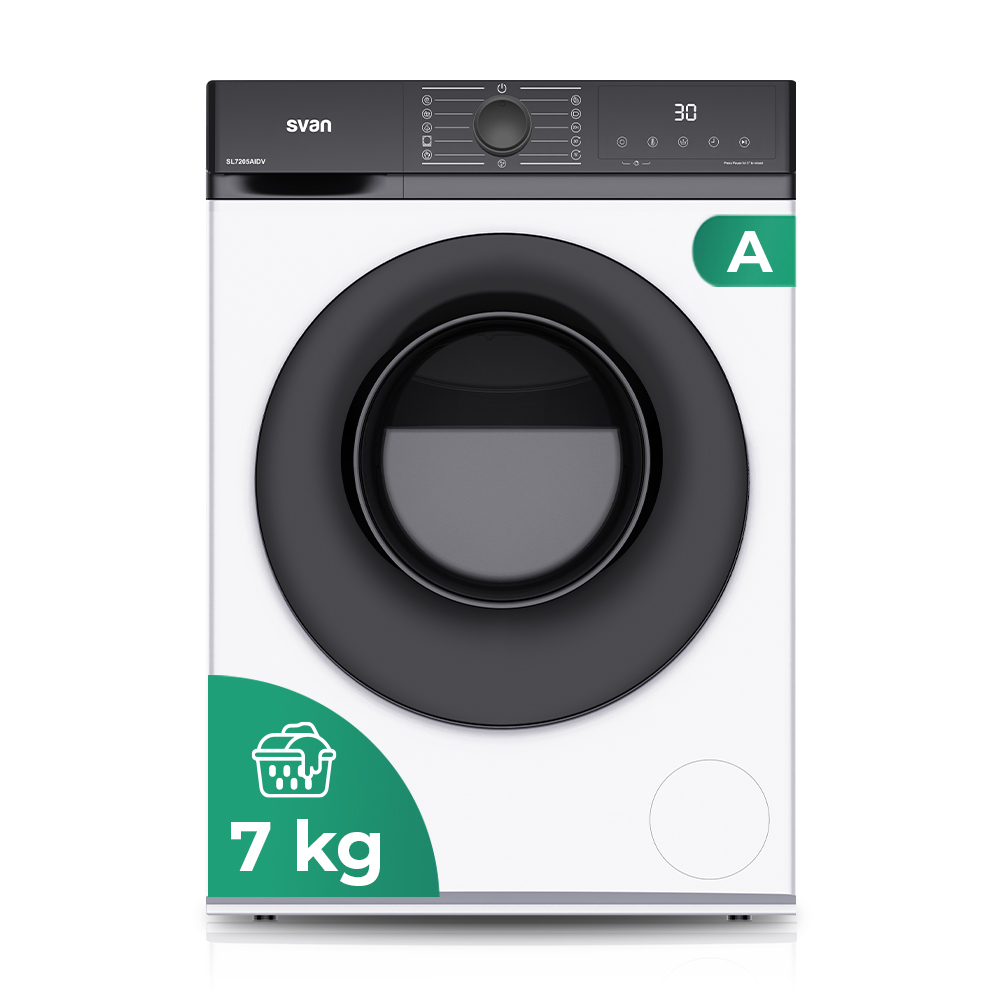 Lavadora Svan,Capacidad 7kg 1200rpm, Clase A. Dimensiones: 84,5cm 59,8cm 42,3cm. Color Blanco, Control con Display. Motor Inverter. Programas: Vapor.