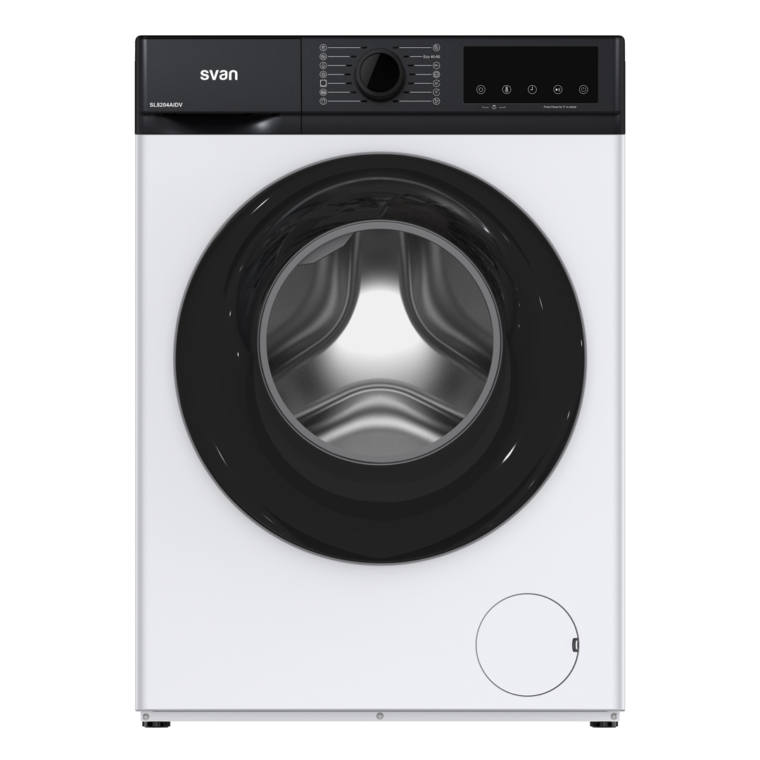 Lavadora Svan,Capacidad 8kg 1200rpm, Clase A. Dimensiones: 84,5cm 59,8cm 45cm. Color Blanco, Control con Display. Motor Inverter. Programas: Vapor.