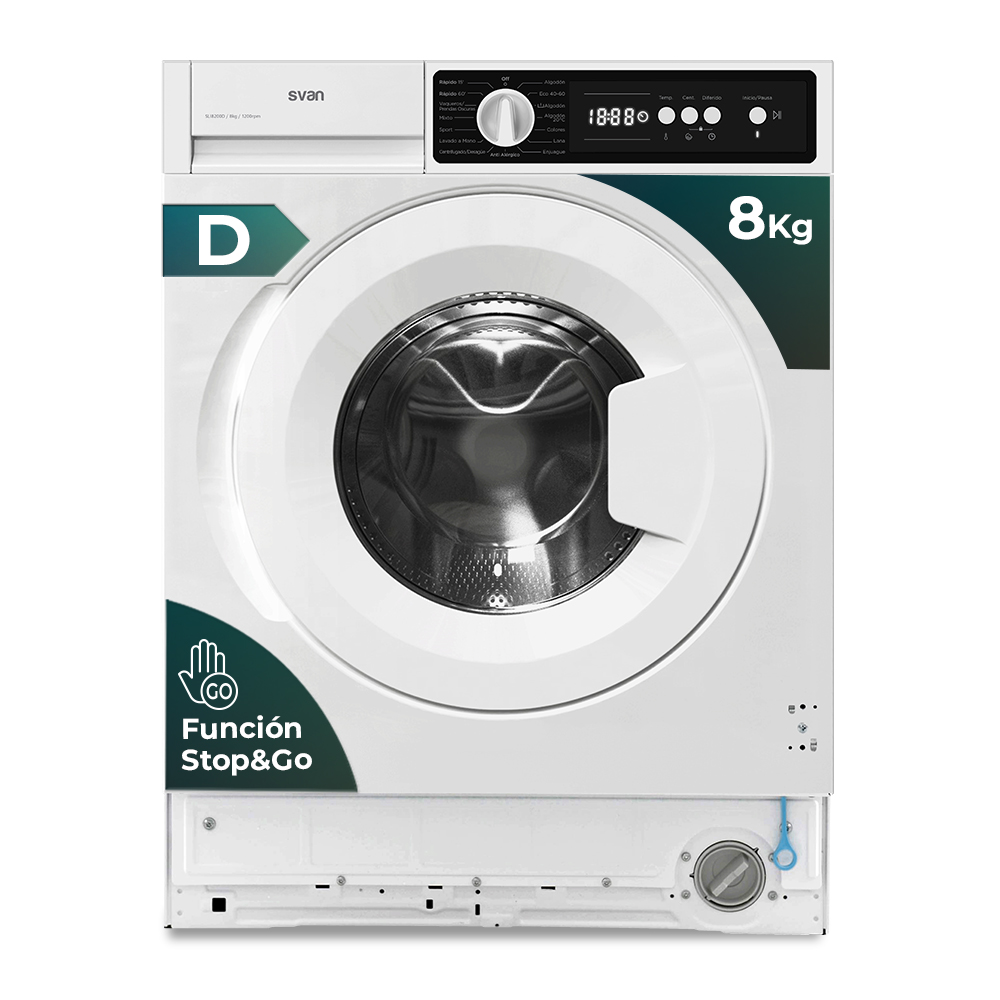 Lavadora Svan Integración 8kg 1200rpm D 81,7cm 59,7cm 54,4cm Blanco Display Antialérgico Puerta XXL