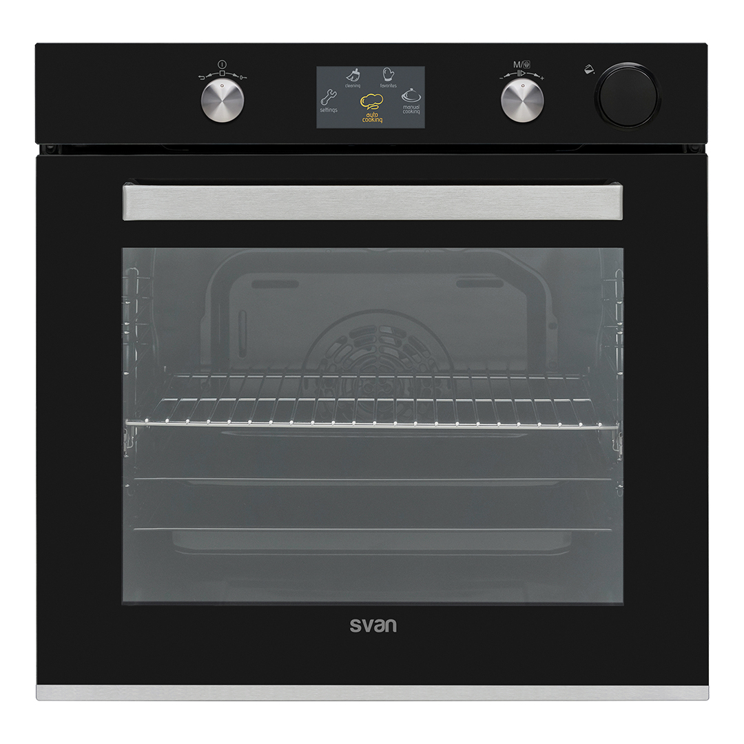 Forno a vapore Svan 78L A 59,5cm 59,5cm 57,5cm 57,5cm Vetro nero Display TFT 12P Cottura automatica Tenda d'aria