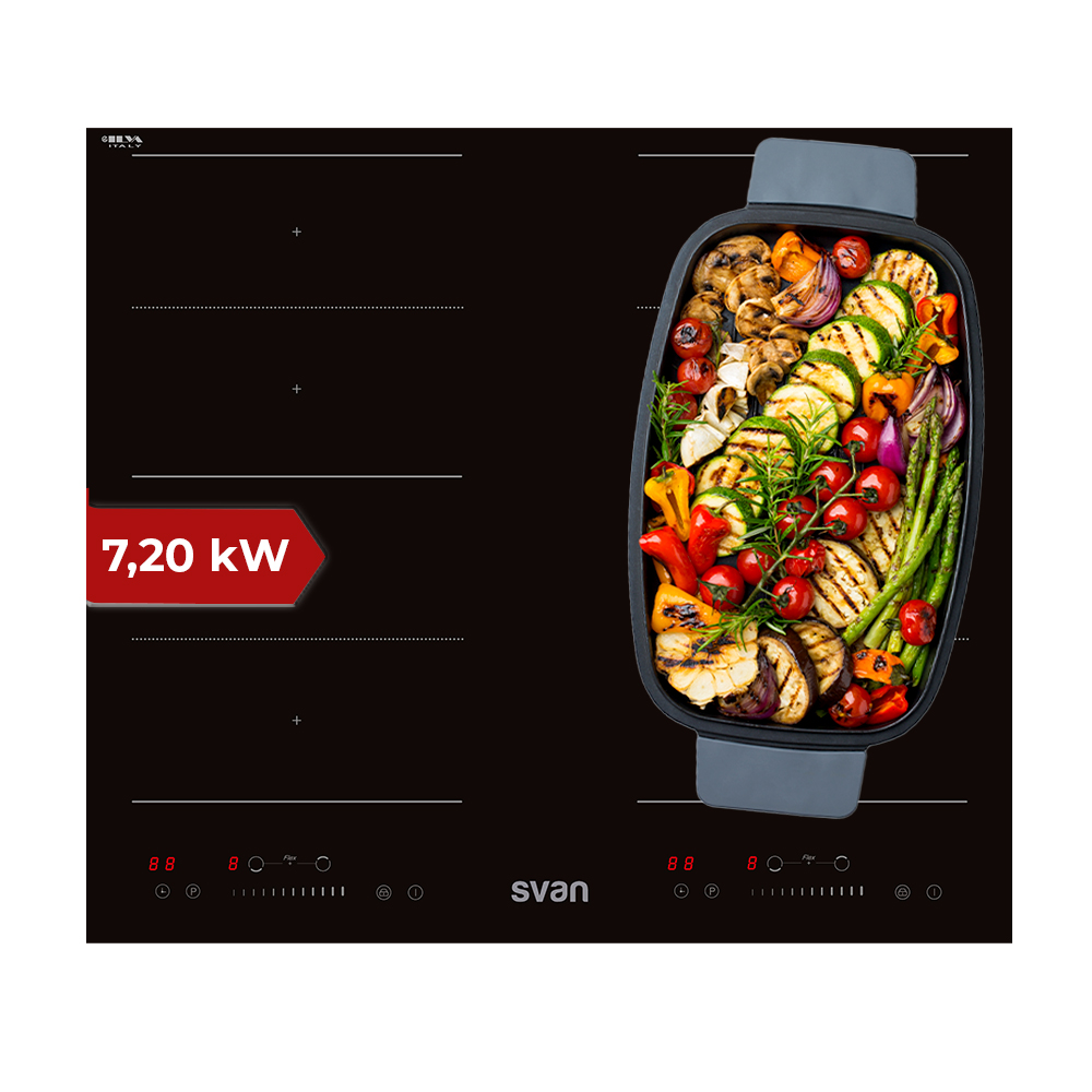 Placa Inducción Svan 7200W 6,2cm 59cm 52cm Cristal negro Slider 4Z 2 Flexizone Booster