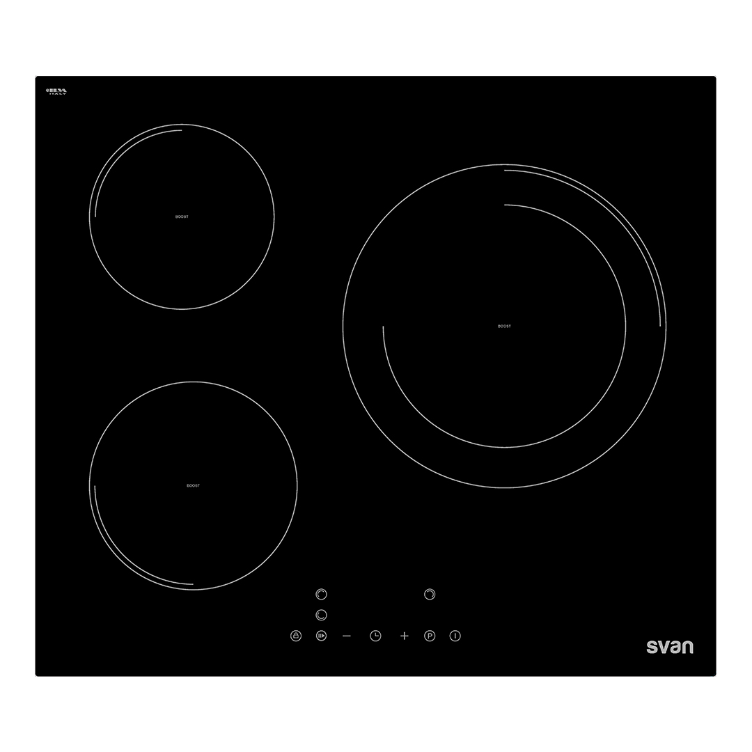 Placa Inducción Svan 6600W 6,2cm 59cm 52cm Cristal negro Táctil 3Z Booster Stop&Go