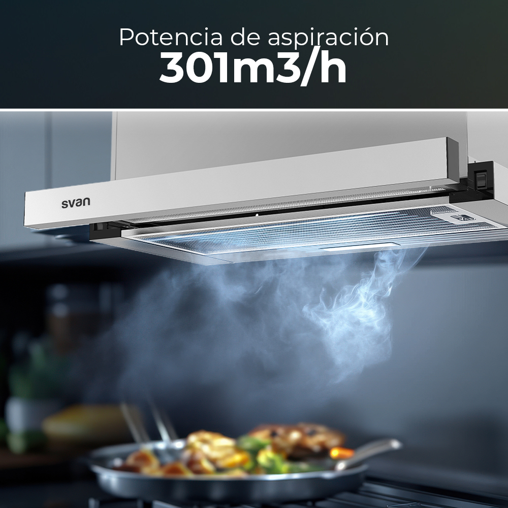 Campana Telescópica Svan, Clase C Dimensiones: 19,4cm 59,5cm 48,5cm. Color Inox, Control Manual Potencia de aspiración 301 m3/h, 61~64 dB. – Image 3