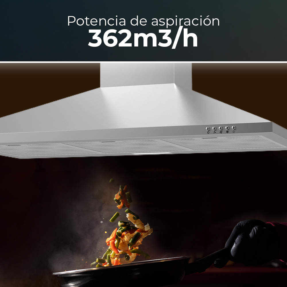 Campana Piramidal Svan, Clase B Dimensiones: 96cm 90cm 46,5cm. Color Inox, Control Manual Potencia de aspiración 361,9 m3/h, 55~65 dB. - immagine 3