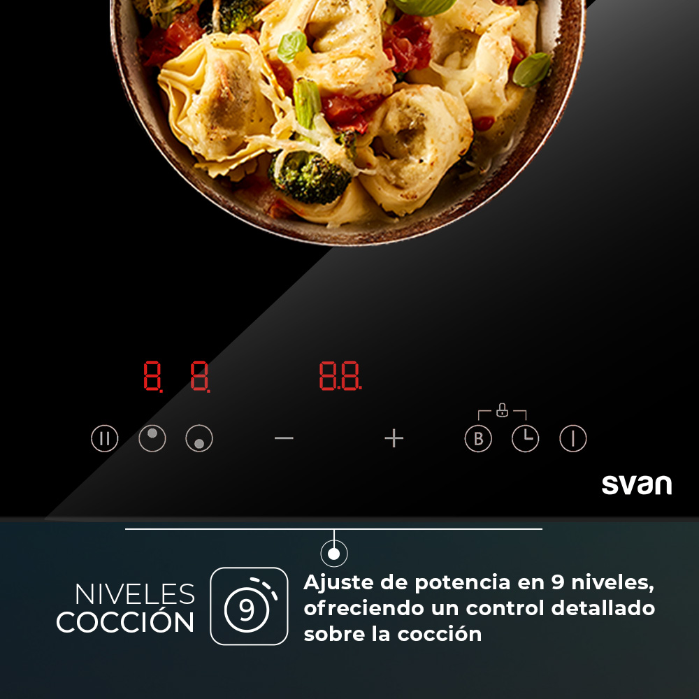 Placa Inducción Svan 3500W 5,9cm 28,8cm 59cm Cristal negro Táctil 2Z Booster - Imagen 2