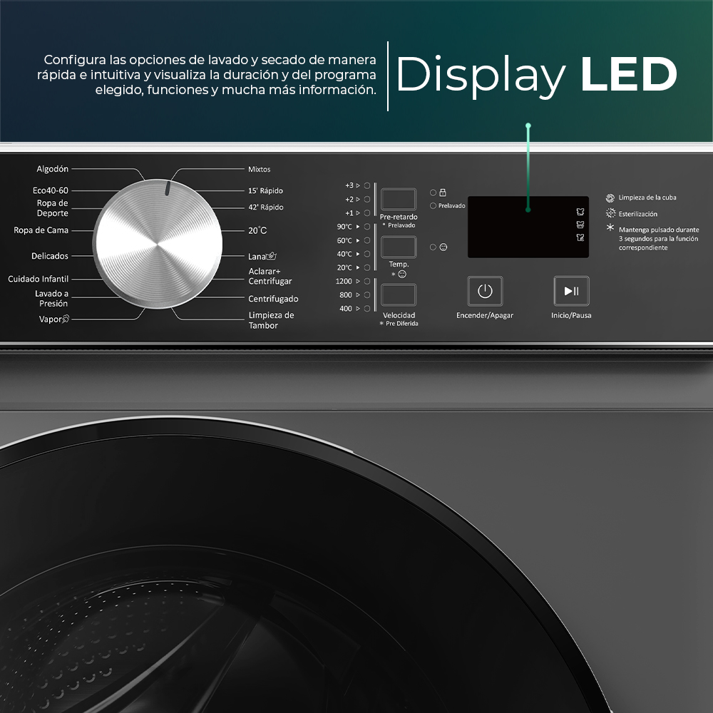 Lavadora Svan,Capacidad 8kg 1200rpm, Clase A. Dimensiones: 85cm 59,5cm 48cm. Color Inox, Control con Display. Motor Inverter. Programas: Vapor. - immagine 3