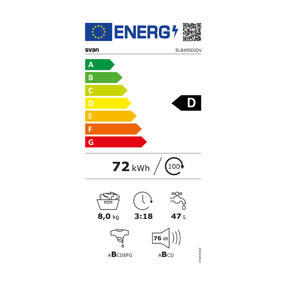 Lavadora Svan 8kg 1400rpm D 85cm 59,5cm 51cm Blanco Display Inverter Vapor T.Diamante - Imagen 3