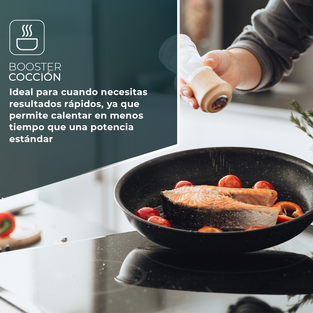 Placa Inducción Svan 7400W 6cm 59cm 52cm Cristal negro Slider 3Z Doble Corona ∅ 32cm Booster Stop&Go - Imagen 3