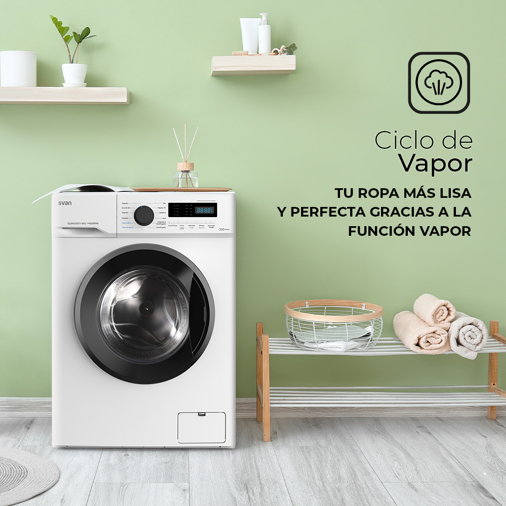 Lavadora Svan 8kg 1400rpm D 85cm 59,5cm 51cm Blanco Display Inverter Vapor T.Diamante - Imagen 4