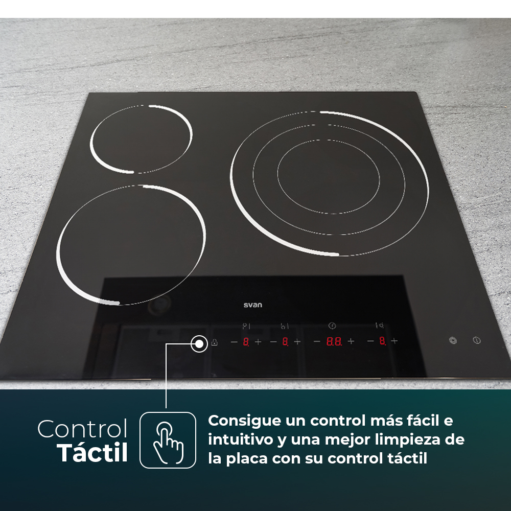 Placa Vitrocerámica Svan 6200W 5,1cm 59cm 52cm Cristal negro Táctil 3Z Triple Corona - Imagen 3