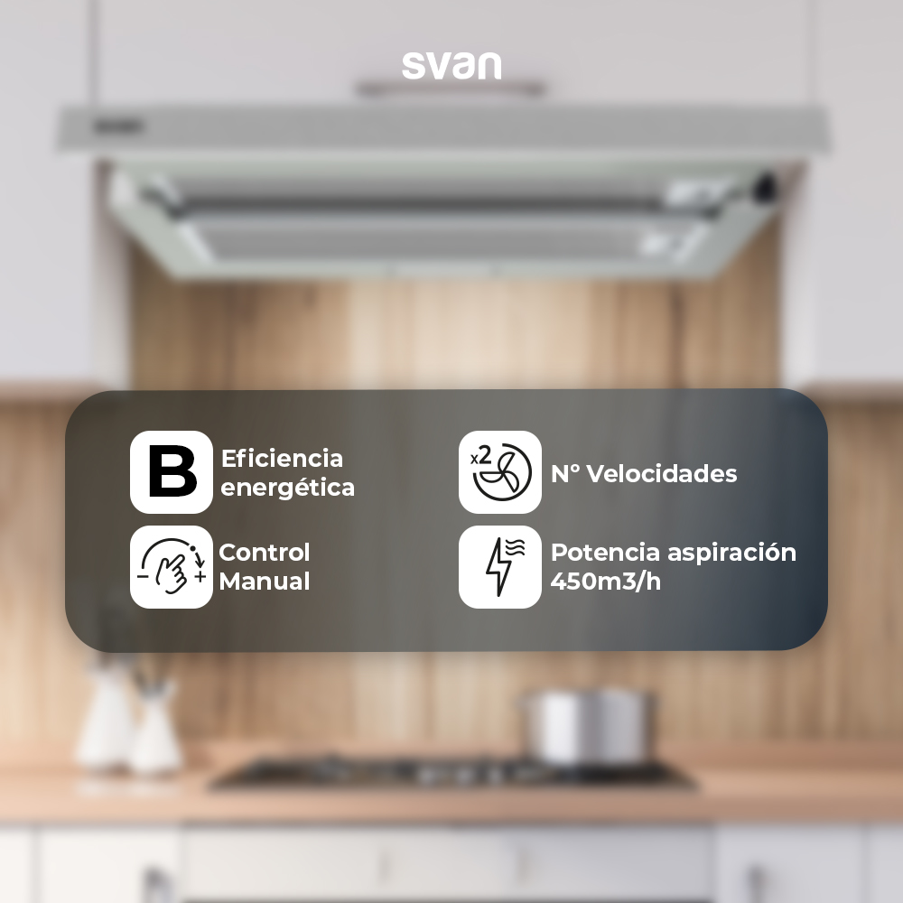 Campana Telescópica Svan B 17,5cm 59,5cm 44,1cm Inox Manual LED 450m3/h 66dB - immagine 5