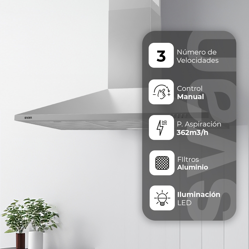 Campana Piramidal Svan, Clase B Dimensiones: 96cm 90cm 46,5cm. Color Inox, Control Manual Potencia de aspiración 361,9 m3/h, 55~65 dB. - immagine 5
