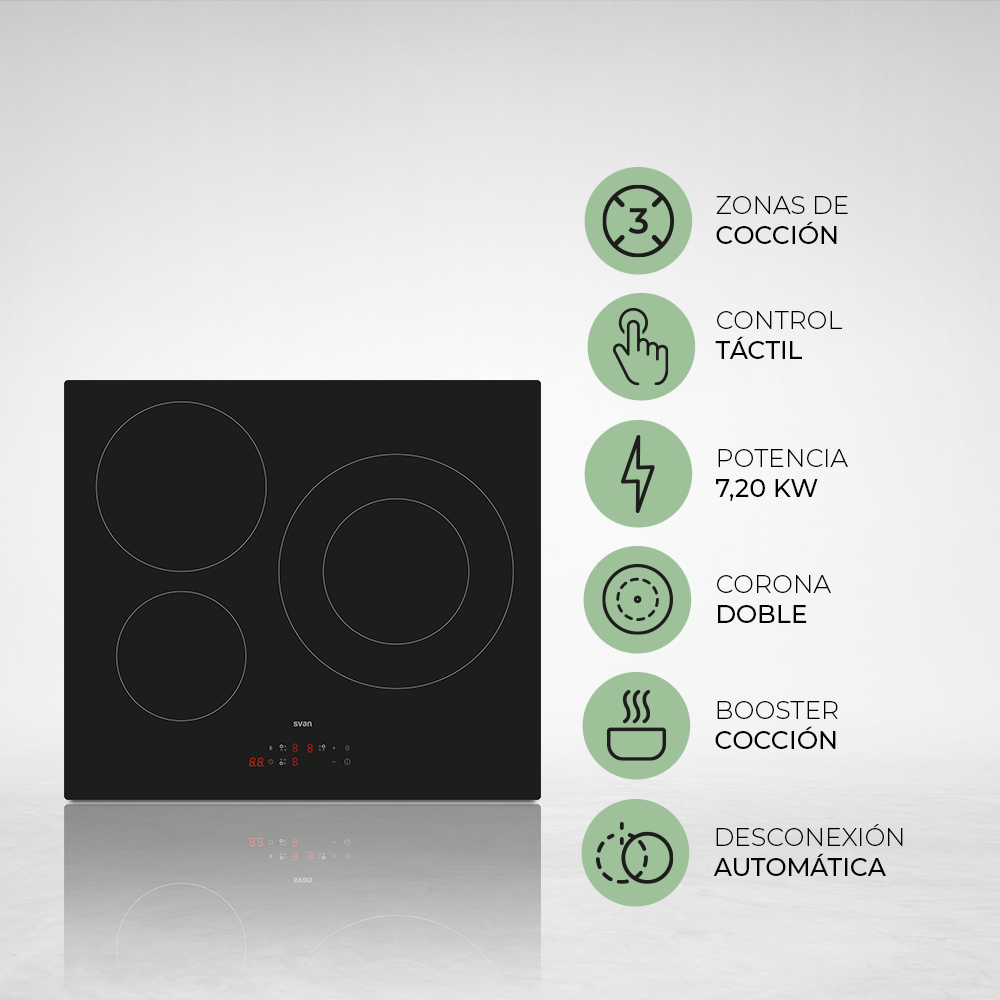 Placa Inducción Svan 7200W 6,2cm 59cm 52cm Cristal negro Táctil 3Z Doble Corona Booster - Imagen 4