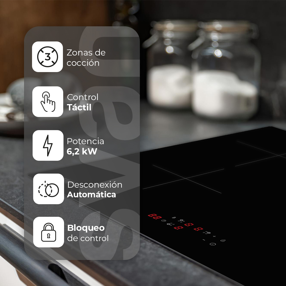 Placa de Inducción Svan 60 cm 3 zonas con Cristal negro Táctil - Imagen 4