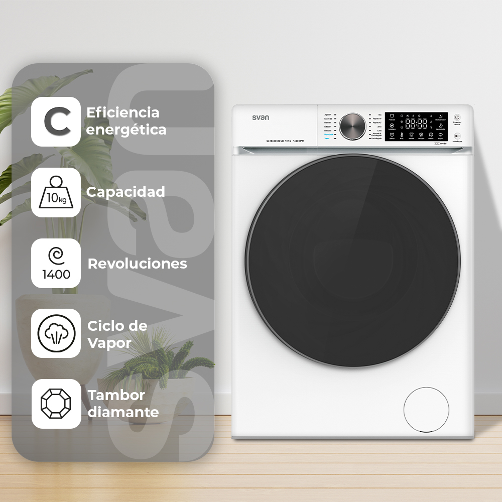 Lavadora Svan 10kg 1400rpm C 85cm 59,5cm 60cm Blanco DisplayTáctil Inverter Vapor MiCiclo T.Diamante - Imagen 5