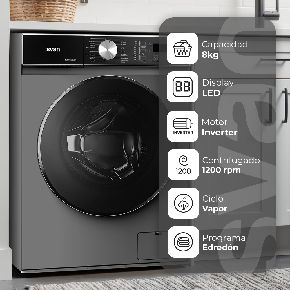 Lavadora Svan,Capacidad 8kg 1200rpm, Clase A. Dimensiones: 85cm 59,5cm 48cm. Color Inox, Control con Display. Motor Inverter. Programas: Vapor. - immagine 5