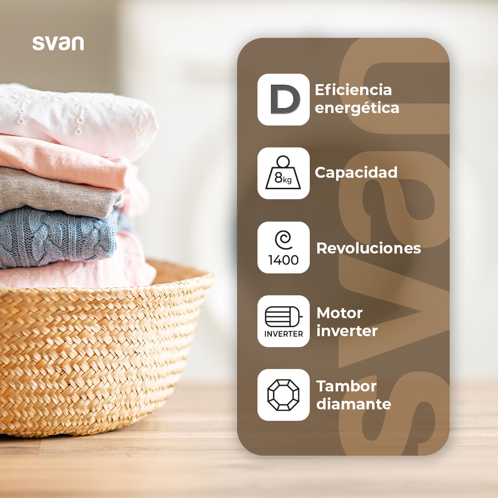 Lavadora Svan 8kg 1400rpm D 85cm 59,5cm 51cm Blanco Display Inverter Vapor T.Diamante - Imagen 5