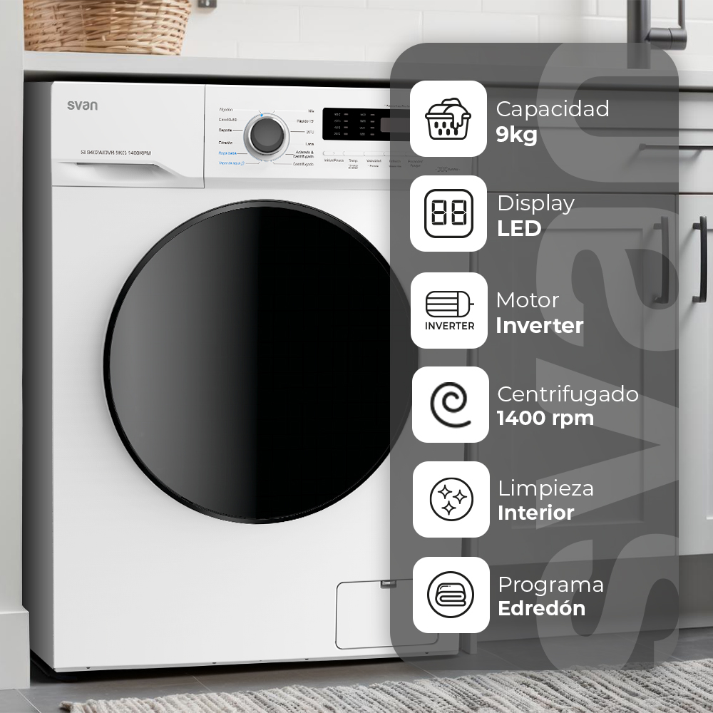 Lavadora Svan 9kg 1400rpm A 85cm 59,5cm 60cm Blanco Display Inverter - Imagen 5