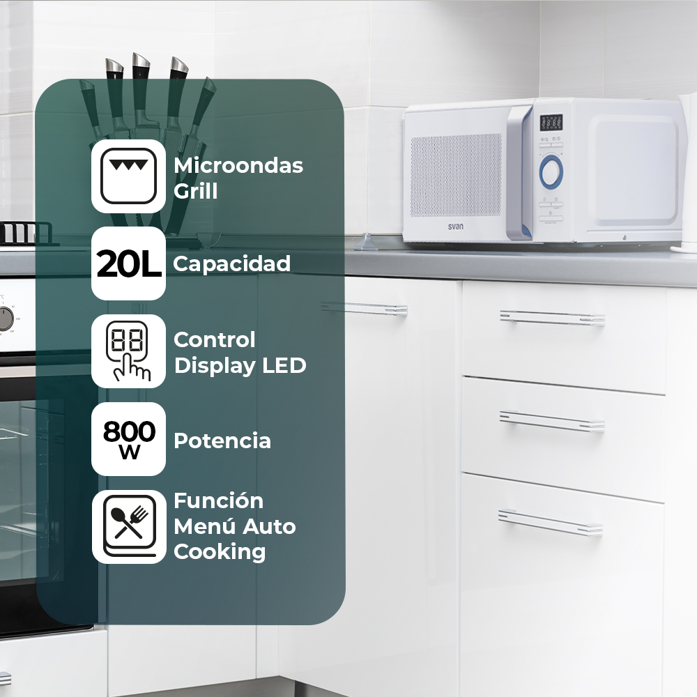 Microondas Grill Svan 20L 800W 28,5cm 46,2cm 37,4cm Blanco Display Auto Cooking - Imagen 4