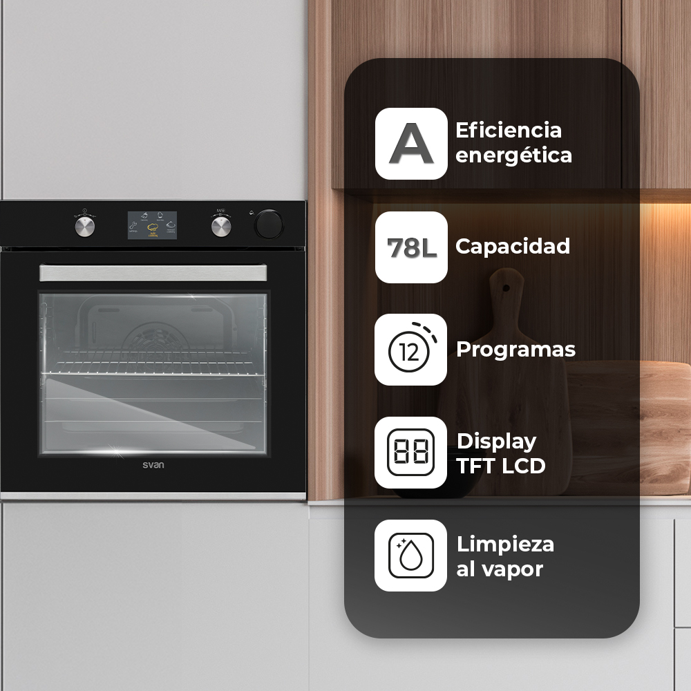 Horno Vapor Svan 78L A 59,5cm 59,5cm 57,5cm Cristal negro Display TFT 12P Cortina aire Auto Cooking - immagine 4