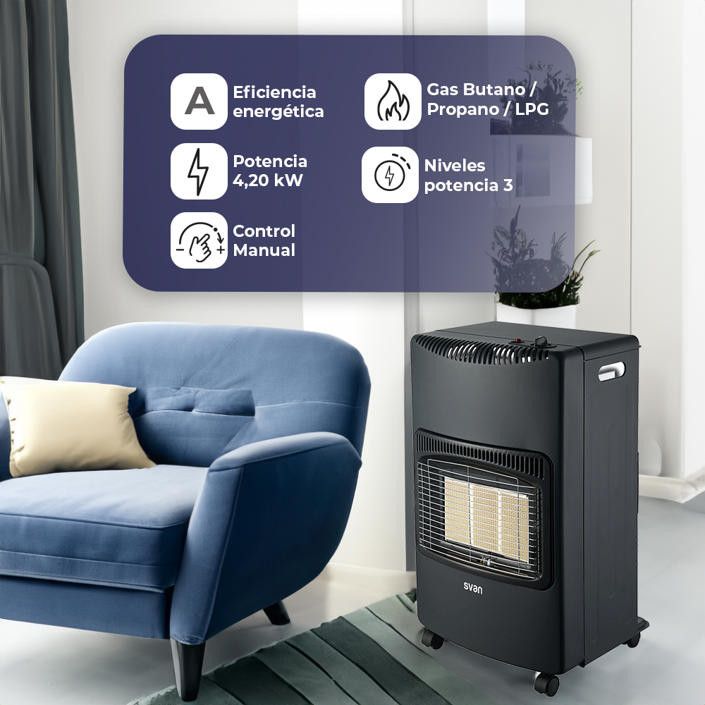 Estufa Butano Infrarrojos Gas Svan 3 Niveles 4200W Negro Manual Plegable - Imagen 5