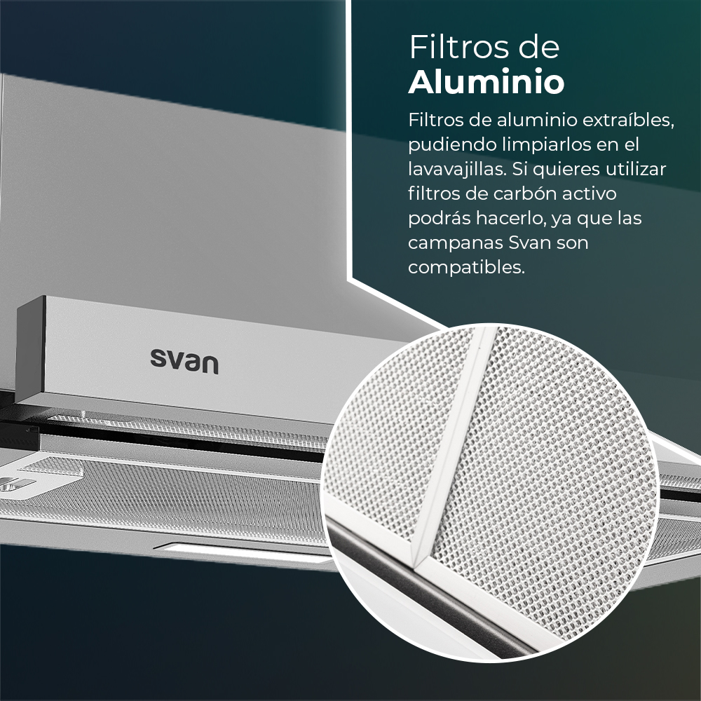 Campana Telescópica Svan, Clase C Dimensiones: 19,4cm 59,5cm 48,5cm. Color Inox, Control Manual Potencia de aspiración 301 m3/h, 61~64 dB. – Image 6