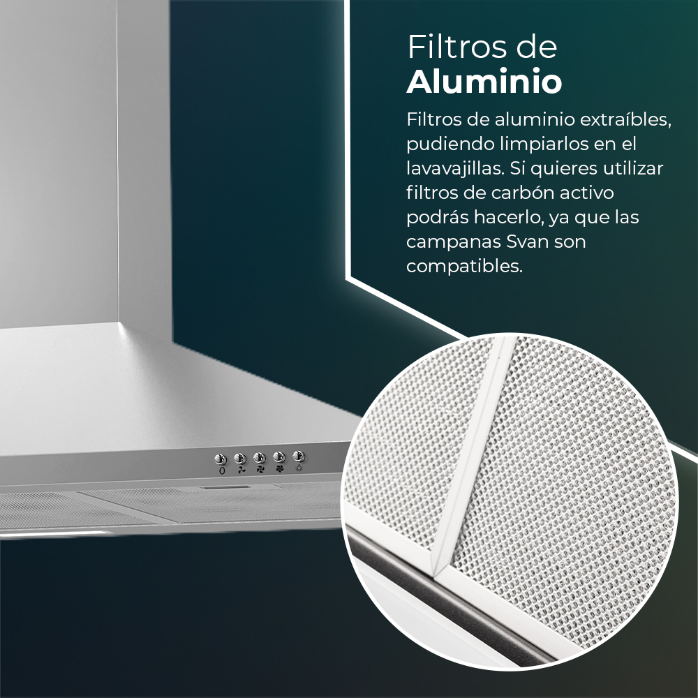 Campana Piramidal Svan, Clase B Dimensiones: 96cm 90cm 46,5cm. Color Inox, Control Manual Potencia de aspiración 361,9 m3/h, 55~65 dB. - immagine 6
