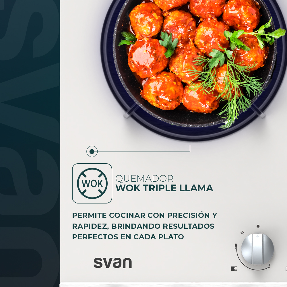 Placa Gas Butano Svan 6050W 10cm 60cm 51cm Cristal blanco Manual Auto Ig. 3Q Wok Kit Gas Forja - Imagen 5
