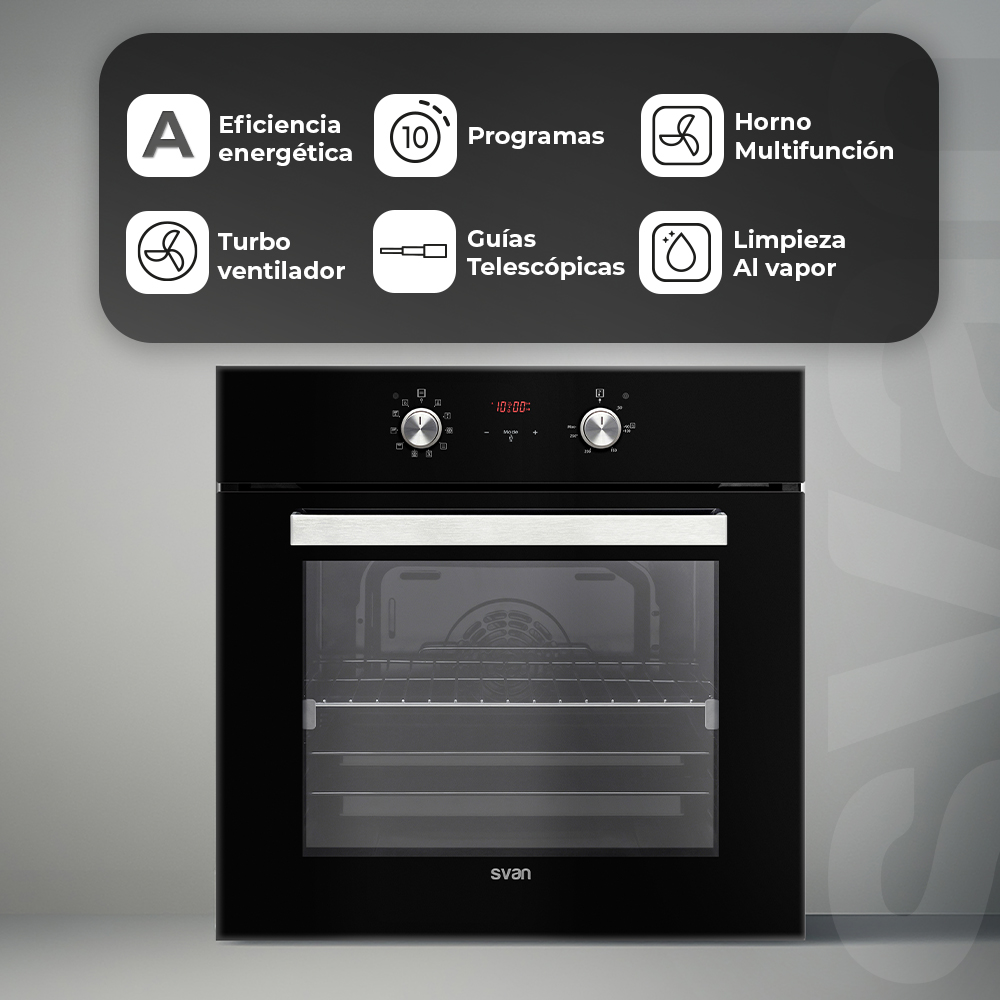 Horno Multifunción Svan 69L A 59,5cm 59,5cm 57,5cm Cristal negro Display táctil 10P G.Telescópicas - immagine 5