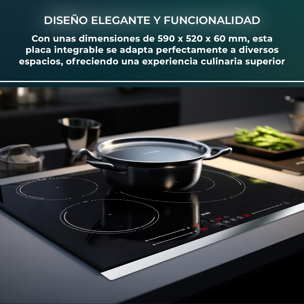 Placa Inducción Svan 7400W 6cm 59cm 52cm Cristal negro Slider 3Z Doble Corona ∅ 32cm Booster Stop&Go - Imagen 5