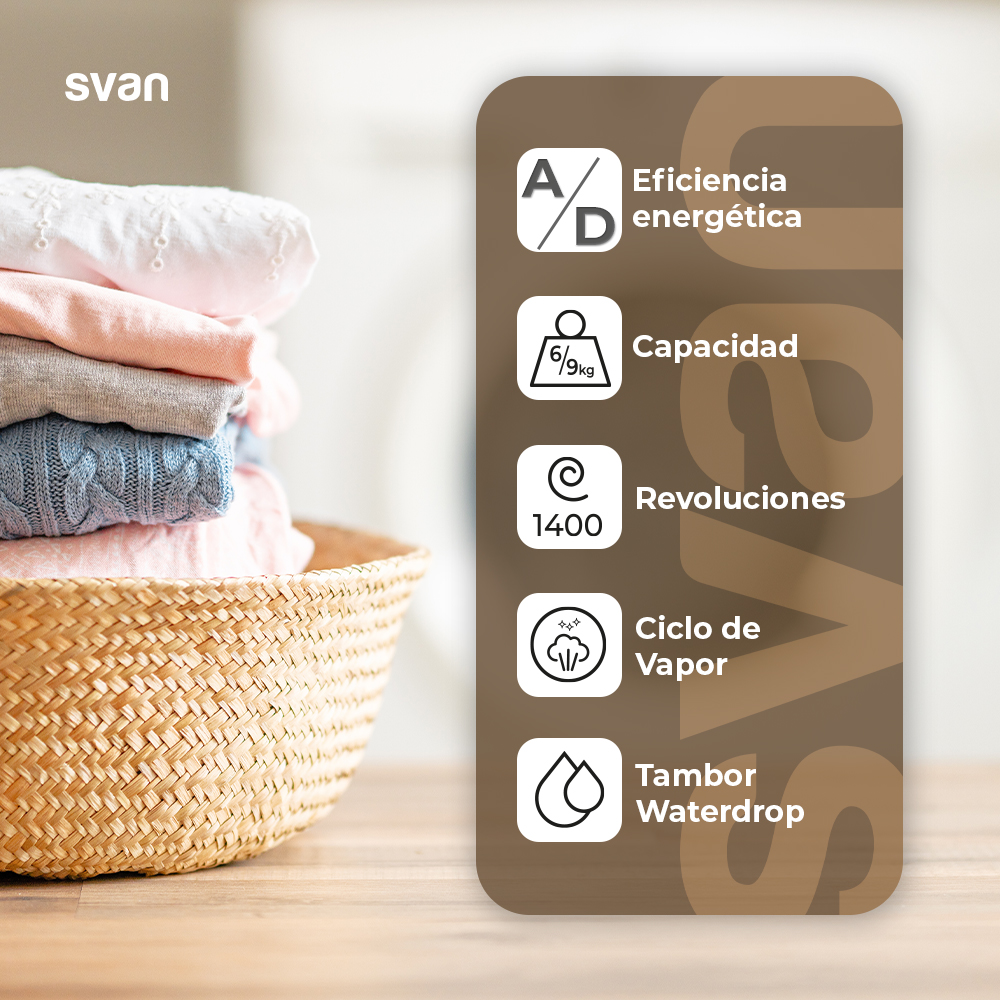 Lava-secadora Svan 9/6kg 1400rpm A/D 84,5cm 59,5cm 63,5cm Blanco Display Inverter Vapor C.Boomerang - Imagen 5