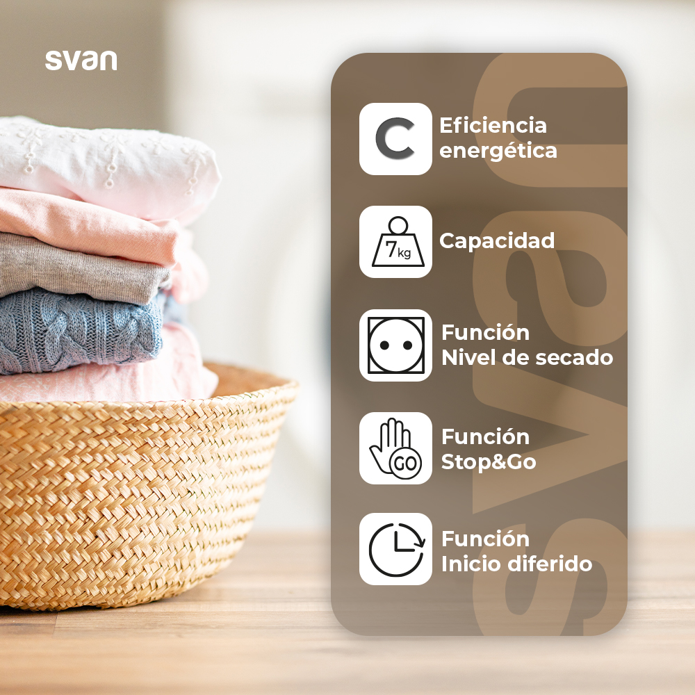 Secadora Evacuación Svan 7kg C 84cm 59,5cm 55,5cm Blanco Display Antiarrugas Nivel Secado Tapa/P - Imagen 6