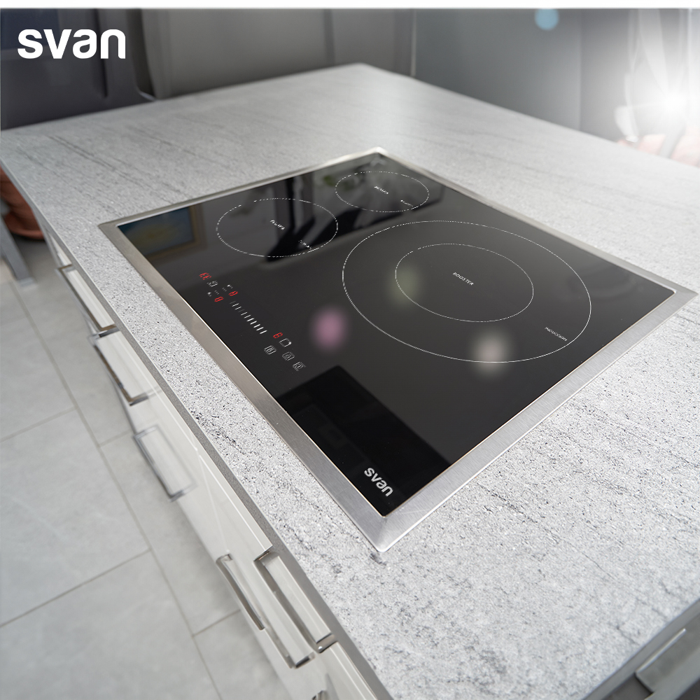 Placa Inducción Svan 7600W 5,8cm 59cm 52cm Cristal negro Slider 3Z ø32cm Doble Corona Booster - Imagen 6