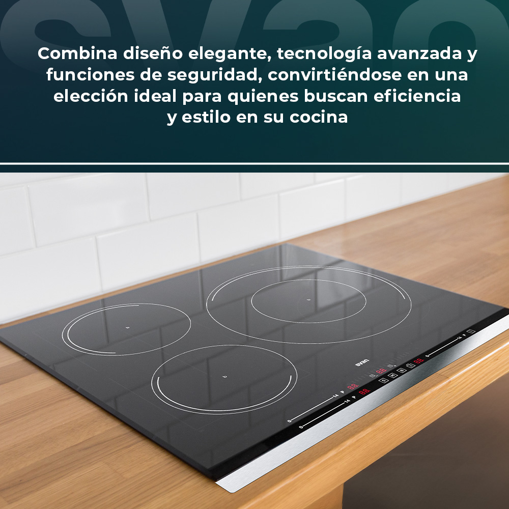 Placa Inducción Svan 7400W 6cm 59cm 52cm Cristal negro Slider 3Z Doble Corona ∅ 32cm Booster Stop&Go - Imagen 6